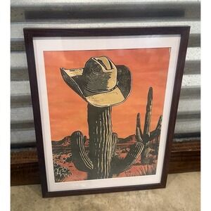 Framed Western Desert Cactus Wall Art Cowboy Hat Southwest Print 12"x16"